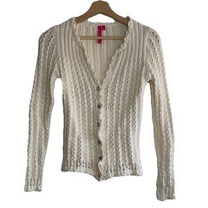 Charlotte Tarantola Cream Crochet Long Sleeve Sweater Jewel Buttons Sz. S